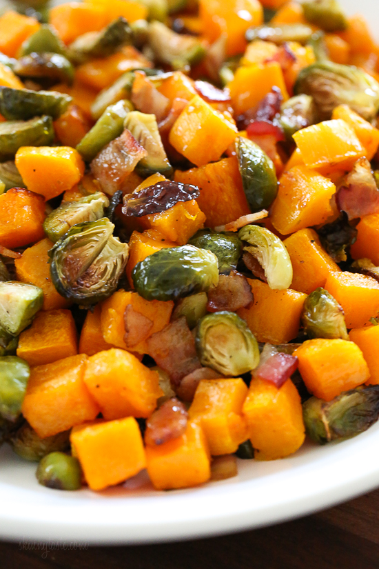 Roasted Brussels Sprouts and Butternut Squash with Bacon